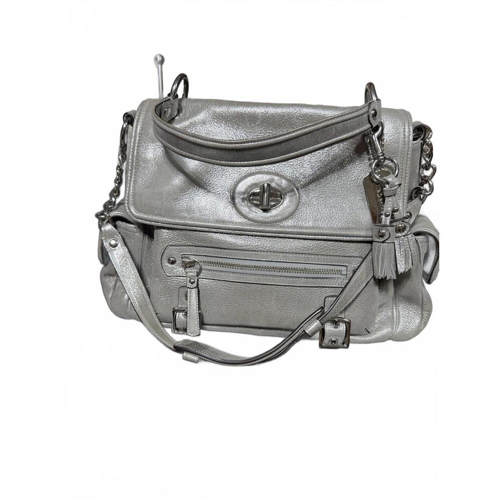 Coach Leather Satchel Shoulder Bag Womens Medium Silver Turnlock Tassel 14616 - Picture 2 of 5